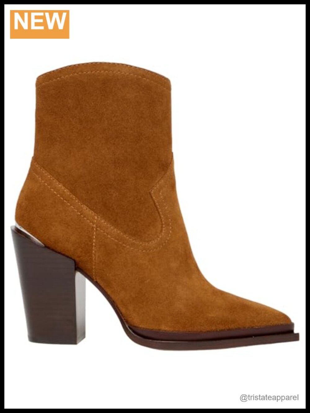 Chestnut Suede Ankle Bootie, Pointed Toe Block Heel, Zip Closure